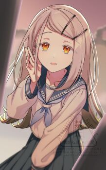 Rule 34 | 1girl, blonde hair, blue neckerchief, blue sailor collar, blue skirt, cloud, collarbone, colored eyelashes, commentary request, flipped hair, gakuen idolmaster, hair ornament, hairclip, hand on own face, highres, idolmaster, kanoko y, leaning forward, long hair, long sleeves, looking at viewer, neckerchief, open mouth, orange eyes, orange sky, outdoors, parallel hairclips, pleated skirt, sailor collar, school uniform, serafuku, shinosawa hiro, shirt, skirt, sky, solo, standing, swept bangs, upper body, watermark, white shirt