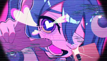 1girl black_jacket blue_hair blush cellphone close-up collared_shirt eyeball eyepatch freckles glitch hair_between_eyes hatsune_miku heart heart-shaped_pupils highres homake index_finger_raised jacket looking_at_viewer lower_teeth_only medical_eyepatch monitoring_(vocaloid) open_mouth outline phone pov_peephole reaching reaching_towards_viewer shirt smartphone solo static symbol-shaped_pupils teeth twintails vocaloid white_outline white_shirt