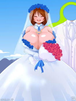 1girl alternate_breast_size_(larger) alternate_costume blue_flower blue_rose bouquet breasts bridal_veil brown_hair cleavage closed_eyes commentary_request dated dress elbow_gloves facing_viewer flower gloves hair_flower hair_ornament highres holding holding_bouquet huge_breasts itini-sanshi open_mouth photo_stand-in red_flower red_rose rose rozen_maiden short_hair sky smile solo souseiseki strapless strapless_dress veil wedding_dress white_dress white_gloves