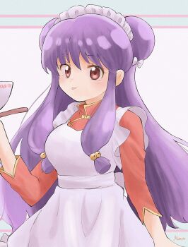 Rule 34 | 1girl, apron, bell, bow, commentary request, hair bell, hair bow, hair ornament, highres, long hair, looking at viewer, maid apron, maid headdress, misaya (misaya125), purple hair, ranma 1/2, red eyes, shampoo (ranma 1/2), sidelocks, signature, white apron, white bow