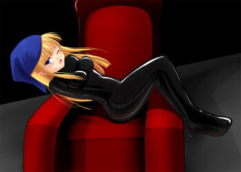 1girl bdsm blonde_hair blue_eyes blush bondage bound breasts chair duct_tape female_focus hat long_hair madou_monogatari mummification one_eye_closed pointy_ears puyopuyo simple_background solo sweetsprite tape tears wink witch witch_(puyopuyo) witch_hat