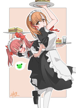 Rule 34 | 2girls, absurdres, alternate costume, anger vein, apron, black dress, black shoes, bow, brown eyes, brown hair, cake, cake slice, chinese commentary, clothes lift, commentary request, dress, dress lift, drooling, enmaided, food, frilled apron, frills, hair bow, highres, holding, holding tray, long hair, maid, maid apron, maid headdress, medium hair, mouth drool, multiple girls, pourfishno 1, puffy short sleeves, puffy sleeves, red bow, shirai kuroko, shoes, short sleeves, signature, simple background, toaru kagaku no railgun, toaru majutsu no index, tray, twintails, waist apron, yuri