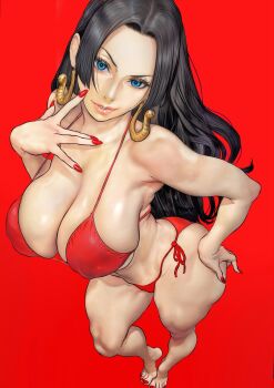 1girl amazon_warrior b_0_rukia bikini black_hair blue_eyes boa_hancock breasts curvy earrings highres huge_breasts jewelry large_breasts long_hair one_piece red_nails snake snake_earrings solo swimsuit swing toned toned_female
