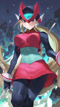 1girl absurdres android bliss_zero_(mega_man) blonde_hair blue_eyes bodysuit breasts closed_mouth forehead_jewel genderswap genderswap_(mtf) gloves helmet highres holding holding_weapon long_hair looking_at_viewer medium_breasts mega_man_(series) mega_man_zero_(series) pantyhose sakoku_(oyatsu3ji_) skirt solo svc_chaos very_long_hair weapon zero(z)_(mega_man) zero_(mega_man)