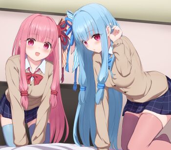 2girls absurdres adjusting_hair all_fours blue_hair blush bow bowtie breasts cardigan commentary_request highres kotonoha_akane kotonoha_aoi long_hair looking_at_viewer medium_breasts multiple_girls open_mouth parted_lips pink_hair red_eyes ruttse school_uniform siblings sisters skirt smile thighhighs voiceroid zettai_ryouiki
