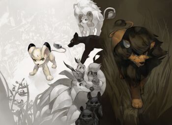 animal bird black_vs_white blue_eyes bo_(jungle_taitei) bubu_(jungle_taitei) burazza_(jungle_taitei) coco_(jungle_taitei) dick_(jungle_taitei) gazelle grass hyena jungle_taitei leo_(jungle_taitei) lion looking_at_viewer looking_away lyre_(jungle_taitei) mandrill_(animal) no_humans one_eye_closed panja_(jungle_taitei) panther parrot partially_colored smirk tommy_(jungle_taitei) toto_(jungle_taitei) yogurtbomb9