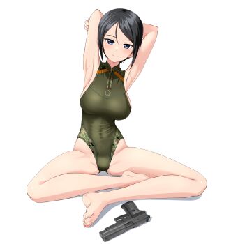Rule 34 | 1girl, absurdres, armpits, arms behind head, barefoot, black eyes, black hair, camouflage, chouno ami, competition swimsuit, feet, girls und panzer, green one-piece swimsuit, gun, handgun, highres, indian style, large variant set, looking at viewer, one-piece swimsuit, presenting armpit, short hair, sig p220/p226, simple background, sitting, solo, swept bangs, swimsuit, takafumi, toes, turtleneck, variant set, weapon, white background