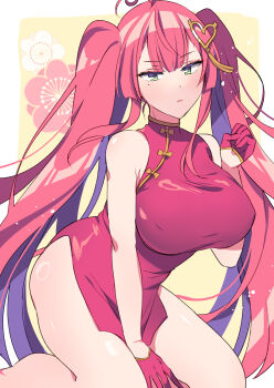 1girl ahoge breasts china_dress chinese_clothes colored_inner_hair dress floral_background gloves green_eyes hair_ornament heart heart_hair_ornament highres kneeling large_breasts lips long_hair long_twintails mahjong_fight_girl mitsumoto_dia mole mole_under_eye multicolored_hair no_panties pink_hair purple_hair red_dress red_gloves riku_(melty_drop) sleeveless sleeveless_dress solo twintails very_long_hair
