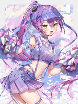 1girl :d absurdres braid braided_bangs breasts cheerleader colored_inner_hair criss-cross_straps crossed_bangs demon_girl demon_tail double-parted_bangs frilled_shirt frills gradient_hair green_eyes hair_between_eyes hair_ornament hairclip hat heart heart_hair_ornament highres hip_tattoo holding holding_pom_poms hololive long_hair looking_at_viewer midriff miniskirt multicolored_hair navel open_mouth pink_hair pleated_skirt pointy_ears pom_pom_(cheerleading) pom_poms ponytail purple_hair purple_hat purple_shirt purple_skirt runlan_0329 shirt skirt sleeveless sleeveless_shirt small_breasts smile solo tail tattoo thigh_strap tokoyami_towa very_long_hair virtual_youtuber visor_cap winged_heart winged_heart_tattoo