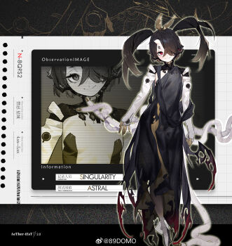 1girl black_dress black_hair blush bow_hairband breasts cable cable_tail commentary different_zoom_layer dress elbow_gloves english_text fingerless_gloves full_body gebijiade_89 gloves gluteal_fold groin hair_over_one_eye hair_ribbon hairband highres horns looking_at_viewer mechanical_tail one_eye_covered original outside_border red_eyes ribbon see-through_clothes see-through_dress skin-covered_horns small_breasts smile standing tail twintails watermark weibo_username weibo_watermark zoom_layer