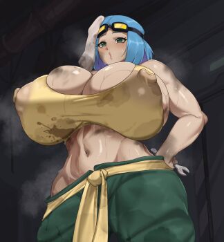 belt blue_hair breasts commentary covered_erect_nipples dirty goggles goggles_on_head grease_(mechanical) green_pants highres holding holding_towel huge_breasts muundae navel original pants short_hair sweat sweaty_clothes symbol-only_commentary tank_top towel wiping_face wiping_sweat yellow_belt yellow_tank_top