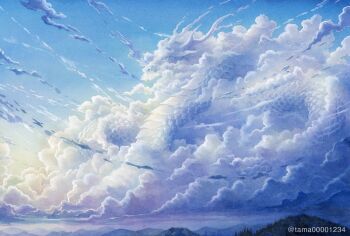 blue_sky cloud cloud_focus commentary_request day dragon eastern_dragon highres mountain no_humans original outdoors scenery shaped_cloud sky tama_(amedamadou) twitter_username