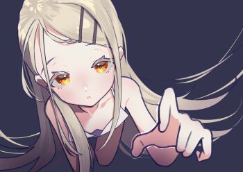 1girl black_background blonde_hair breasts camisole collarbone colored_eyelashes commentary_request downblouse flipped_hair foreshortening gakuen_idolmaster gradient_hair grey_hair hair_ornament hairclip highres idolmaster kneeling lily-an long_hair looking_at_viewer multicolored_hair orange_eyes parallel_hairclips parted_bangs parted_lips reaching reaching_towards_viewer shinosawa_hiro small_breasts solo very_long_hair white_camisole