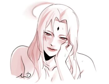 2girls bare_shoulders breasts commentary facial_mark forehead_mark hand_on_another&#039;s_cheek hand_on_another&#039;s_face large_breasts limited_palette lipstick makeup may_c multiple_girls naruto_(series) shizune_(naruto) signature sweatdrop symbol-only_commentary tsunade_(naruto) yuri