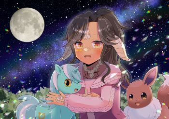 1girl :d au_ra black_hair blush brown_eyes commission crossover eevee final_fantasy final_fantasy_xiv freckles full_moon gen_1_pokemon highres horns jacket kou_hiyoyo long_hair long_sleeves looking_at_viewer lyra_heartstrings moon multiple_crossover my_little_pony my_little_pony:_friendship_is_magic night night_sky nintendo open_clothes open_jacket open_mouth outdoors pink_shirt pokemon pokemon_(creature) puffy_long_sleeves puffy_sleeves purple_jacket scales shirt skeb_commission sky smile star_(sky) starry_sky unicorn upper_body warrior_of_light_(ff14)