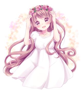 1girl arms_up artist_name blush breasts collarbone commentary dress english_commentary floral_background flower happy head_wreath highres jewelry leaf looking_at_viewer making-of_available necklace open_mouth original pink_eyes pink_flower pink_hair pink_rose pluvias puffy_short_sleeves puffy_sleeves red_flower red_rose redrawn rose selena_(pluvias) short_sleeves small_breasts solo white_dress