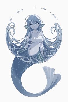 blue_hair blue_theme bubble choker commentary_request fins green_eyes hair_between_eyes hair_flowing_over head_fins highres long_hair looking_at_viewer madou_monogatari mermaid minagi_379 monster_girl navel puyopuyo serilly_(puyopuyo) simple_background strapless tube_top white_tube_top