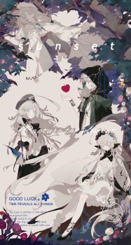 Rule 34 | 1girl, absurdres, ahoge, apple, beret, black cloak, black flower, blue butterfly, blue eyes, blue gem, branch, brooch, bug, butterfly, cloak, closed eyes, closed mouth, dress, expressionless, eyelashes, fingernails, flower, food, fruit, gem, grey hair, hair ornament, hat, highres, hood, hood up, huge ahoge, insect, jewelry, long hair, long sleeves, looking at viewer, lying, multiple views, on tree, original, parted bangs, profile, red flower, shen a fang, sidelocks, sitting, sleeping, two-sided cloak, two-sided fabric, upper body, very long hair, white dress, white flower, white hat