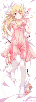 1girl absurdres bed_sheet blonde_hair blush branch breasts cherry_blossoms cleavage closed_mouth collarbone commentary_request dakimakura_(medium) dress feet full_body hands_up highres lens_flare long_hair looking_at_viewer lying mixed-language_commentary on_back orange_eyes pantyhose petals pink_dress sakura-sou_no_pet_na_kanojo shiina_mashiro shoes short_sleeves small_breasts solo strap_slip twitter_username unworn_shoes white_pantyhose yuzhi_lier