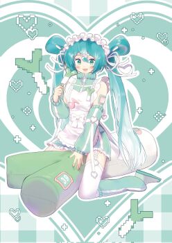 101milktea 1girl apron aqua_hair blush commentary_request corrupted_twitter_file cute_x_subculture_hatsune_miku_design_contest fashion food gradient_hair green_eyes green_theme hatsune_miku highres jersey_maid leg_warmers long_hair looking_at_viewer maid multicolored_hair oversized_object popsicle sitting solo spring_onion stuffed_toy thighhighs twintails unconventional_maid very_long_hair vocaloid wariza white_apron white_thighhighs