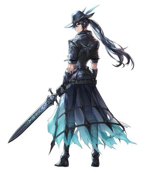 Rule 34 | 1boy, armor, armored boots, artist request, black armor, black boots, black coat, black eyes, black gloves, black hair, black hat, black pants, blue coat, boots, bracer, coat, commentary, commentary request, english commentary, facing away, fluss (king's raid), full body, gloves, half mask, hat, hat feather, highres, holding, holding sword, holding weapon, king's raid, korean commentary, long coat, long hair, mask, mixed-language commentary, official alternate costume, official art, pants, ponytail, second-party source, see-through clothes, see-through coat, simple background, skull ornament, solo, sword, torn clothes, torn coat, weapon, white background