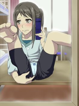 10s 1girl barefoot bed bike_shorts black_hair blush bow bow_panties brown_eyes bunk_bed cameltoe cellphone clothes_pull curtains dom_(jiromike2000) feet female_focus flip_phone foot_focus hanasaku_iroha heart indoors legs_up long_hair looking_away mirror on_table panties phone ponytail pulling_own_clothes pussy_juice reflection self_exposure selfie shorts shorts_pull sitting soles solo spread_legs standing table tagme toes tsurugi_minko underwear wet wet_clothes wet_panties window