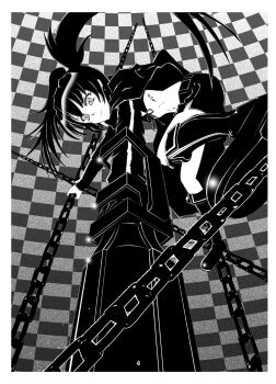 arm_cannon belt bikini black_hair black_rock_shooter black_rock_shooter_(character) black_shorts boots chain dollmaster13 front-tie_bikini_top front-tie_top greyscale highres long_hair monochrome rock_cannon scar shorts swimsuit twintails uneven_twintails weapon