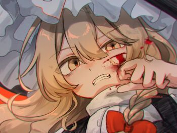 1girl black_vest bleeding blonde_hair blood blood_on_clothes bow braid clenched_teeth cuts hair_bow hat highres injury karasu2020_8 kirisame_marisa red_eyes side_braid single_braid solo teeth touhou vest yellow_eyes