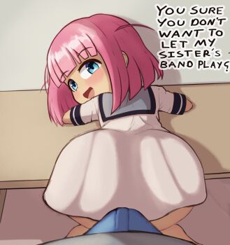 1boy 1girl absurdres ass bench bent_over blue_eyes blush bocchi_the_rock! bulge dress english_text gotoh_futari hetero highres imminent_penetration loli long_skirt medium_hair on_bench open_mouth pink_hair school_uniform serafuku short_sleeves skirt teasing trolltoll underwear