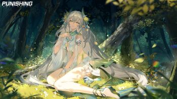 1girl absurdres analogous_colors armlet barefoot bird breasts copyright_name feet flower forest full_body grass hair_flower hair_ornament hand_up highres jewelry lamia:_lost_lullaby_(pgr) lamia:_lost_lullaby_(solitary_longings)_(pgr) lamia_(pgr) leaf leaf_hair_ornament legs logo long_hair nature official_alternate_costume official_art outdoors pointy_ears punishing:_gray_raven second-party_source sitting solo toes tree white_hair