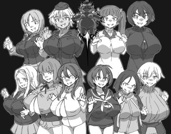 Rule 34 | 6+girls, aleksandra i. pokryshkin, aura, black background, brave witches, breast expansion, breasts, claw pose, corruption, doguu, edytha rossmann, evil smile, georgette lemare, gundula rall, hairband, huge breasts, jacket, kanno naoe, karibuchi hikari, karibuchi takami, kin-san (sasuraiga), large breasts, looking at viewer, military uniform, monochrome, multiple girls, nikka edvardine katajainen, no pants, one-piece swimsuit, ribbed sweater, scarf, shimohara sadako, short hair, simple background, skirt, smile, sweater, swimsuit, twintails, waltrud krupinski, world witches series
