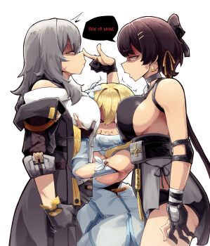 >_< 3girls absurdres angry beruangputih80 black_dress black_gloves black_hair blonde_hair breasts closed_mouth commentary dress earrings english_commentary english_text female_rover_(wuthering_waves) flower genshin_impact gloves grabbing_another's_breast grey_hair groping hair_flower hair_ornament hair_ribbon highres honkai:_star_rail honkai_(series) jewelry large_breasts long_hair looking_at_another lumine_(genshin_impact) multiple_girls open_mouth ribbon rover_(wuthering_waves) sideboob standing stelle_(honkai:_star_rail) trailblazer_(honkai:_star_rail) triangle_earrings white_dress wuthering_waves yellow_eyes yellow_ribbon