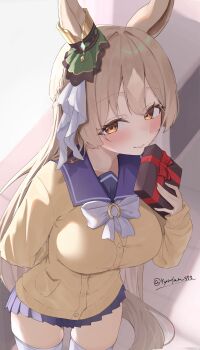 Rule 34 | 1girl, alternate costume, animal ears, arm behind back, artist name, blush, bow, bowtie, box, breasts, brown eyes, brown hair, brown tail, cardigan, commentary request, ear ornament, gift, gift box, highres, holding, holding box, horse ears, horse girl, horse tail, horseshoe ornament, large breasts, leaning forward, long hair, looking at viewer, lryutanl, multicolored hair, open mouth, purple sailor collar, purple skirt, sailor collar, satono diamond (umamusume), school uniform, skindentation, skirt, smile, solo, streaked hair, tail, thighhighs, tracen school uniform, umamusume, white bow, white bowtie, white hair, white streaks, white thighhighs, yellow cardigan, zettai ryouiki