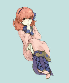1girl 91007 brown_eyes commentary_request dress fire_emblem fire_emblem_echoes:_shadows_of_valentia fluffy_hair genny_(fire_emblem) hairband looking_at_viewer nintendo pink_dress pink_hair purple_socks socks