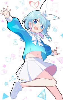 1girl arona_(blue_archive) blue_archive blue_eyes blue_hair blue_pupils blue_shirt blush bow bow_hairband braid choker commentary film_grain foot_out_of_frame hairband halo heart heart_halo highres long_sleeves looking_at_viewer midriff multicolored_hair navel open_mouth outstretched_arms pleated_skirt purple_hair red_halo sailor_collar sasanoha_(sasanoha0712) shirt shoes single_braid skirt smile solo square star_(symbol) triangle two-tone_hair white_background white_bow white_choker white_hairband white_sailor_collar white_shoes white_skirt