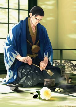 1boy absurdres ahoge black_hair chagama_(pot) chasen chawan commentary_request flower haori highres hijikata_toshizou_(ishin) japanese_clothes kimono kneeling looking_down male_focus mine_yoshitaka nicacu ryuu_ga_gotoku_(series) ryuu_ga_gotoku_ishin! seiza serious shinsengumi sitting solo tatami tea_ceremony
