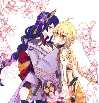 1boy 1girl aether_(genshin_impact) ahoge armor back_bow black_panties blonde_hair blunt_bangs bow braid breasts bridal_gauntlets cleavage closed_mouth commentary_request couple crop_top earrings fan_hair_ornament floral_print flower flower_ornament friends from_side genshin_impact hair_between_eyes hair_ornament hand_on_another&#039;s_cheek hand_on_another&#039;s_face hetero highres huge_ahoge japanese_clothes jewelry kimono large_breasts leaning_forward light_blush light_smile long_braid long_hair long_sleeves looking_to_the_side mitsudomoe_(shape) mole mole_under_eye multicolored_hair orange_eyes panties purple_eyes purple_flower purple_hair purple_kimono purple_nails raiden_shogun red_sash sash scarf shade short_sleeves shoulder_armor shy single_braid single_earring speech_bubble standing stomach streaked_hair thighhighs tomoe_(symbol) toned toned_male underwear upper_body white_background white_scarf wide_sleeves zasyyu134