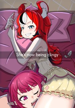 2girls absurdres animal_ears black_hair blush cellphone english_text hakos_baelz hakos_baelz_(strawberry_onesie) head_between_thighs highres holding holding_phone hololive hololive_english i&#039;m_this_clingy_(meme) irys_(hololive) long_hair looking_at_phone lying meme mouse_ears mouse_girl mouse_tail multicolored_hair multiple_girls official_alternate_costume on_side open_mouth phone pillow red_hair shadowsky_exe smartphone streaked_hair tail thighs virtual_youtuber yuri