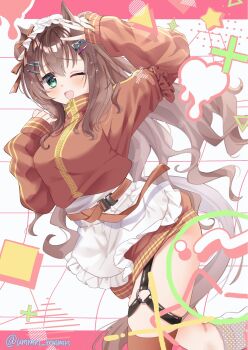 1girl alternate_costume animal_ears apron blue_eyes blush bow breasts brown_hair ear_bow ear_ornament frilled_apron frills green_eyes hair_between_eyes hair_ornament hairclip heart highres horse_ears horse_girl horse_tail jacket jersey_maid large_breasts long_hair looking_at_viewer loose_socks maid maid_apron maid_headdress maruzensky_(umamusume) one_eye_closed open_mouth plus_sign red_jacket red_thighhighs single_thighhigh smile socks solo square star_(symbol) tail thigh_strap thighhighs track_jacket triangle umamusume ummn_mnmn unconventional_maid v waist_apron white_apron white_socks