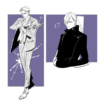 Rule 34 | 1boy, aged down, commentary request, greyscale with colored background, hands in pockets, highres, holding, holding weapon, jujutsu kaisen, jujutsu tech uniform, male focus, multiple views, nanami kento, necktie, puff of air, purple background, short hair, tweetyq1961, vertical-striped suit, weapon