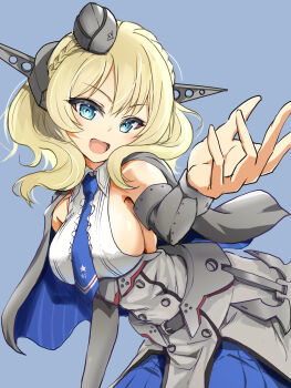 Rule 34 | 1girl, :d, blonde hair, blue background, blue eyes, blue necktie, braid, breasts, capelet, colorado (kancolle), commentary request, dress, from side, garrison cap, grey capelet, grey dress, grey hat, hat, headgear, highres, kantai collection, looking at viewer, looking to the side, mifuro, necktie, open mouth, pleated dress, shirt, short hair, side braids, sideboob, sideless shirt, simple background, smile, solo, white shirt