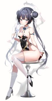 1girl absurdres adapted_costume alternate_costume bare_shoulders black_hair black_leotard black_shoes blue_archive blush breasts cleavage closed_mouth collar commentary covered_navel detached_collar dragon_print fingernails grey_eyes grey_halo hair_between_eyes halo hand_fan hand_up high_heels highleg highleg_leotard highres holding holding_fan kisaki_(blue_archive) leotard long_hair looking_at_viewer medium_breasts nyaruin shoes simple_background sitting solo strapless strapless_leotard table thighhighs twintails very_long_hair white_background white_collar white_thighhighs white_wrist_cuffs wrist_cuffs