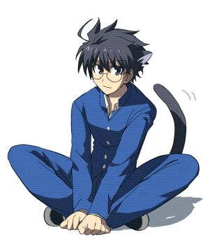 Rule 34 | 1boy, animal ear fluff, animal ears, arm support, black eyes, black hair, blue jacket, blue pants, cat boy, cat ears, cat tail, crossed legs, gakuran, glasses, hair between eyes, highres, jacket, looking at viewer, lurmturm, male focus, pants, school uniform, shirt, short hair, sitting, smile, solo, tail, tohno shiki, tsukihime, white background, white shirt