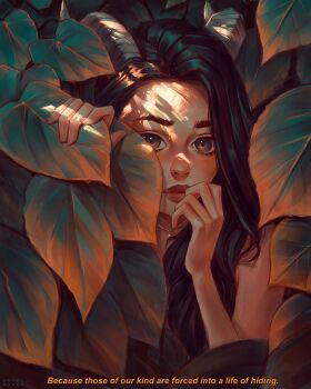 1girl angel_ganev arm_up black_shirt closed_mouth commentary dappled_sunlight english_commentary english_text grey_eyes hair_over_shoulder hand_to_own_mouth hand_up highres jewelry leaf long_hair looking_at_viewer necklace original photo-referenced realistic red_lips shirt sleeveless sleeveless_shirt solo subtitled sunlight thick_eyebrows upper_body