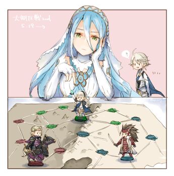 1boy 1girl ? armor azura_(fire_emblem) blue_cape blue_hair cape closed_mouth female_corrin_(fire_emblem) male_corrin_(fire_emblem) elbow_gloves fingerless_gloves fire_emblem fire_emblem_fates fire_emblem_heroes gloves long_hair nintendo open_mouth pointy_ears robaco ryoma_(fire_emblem) short_hair spoken_question_mark table twitter_username veil white_gloves white_hair xander_(fire_emblem) yellow_eyes