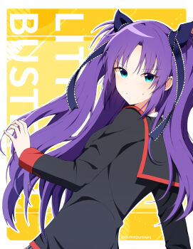 >:( 1girl black_jacket blue_eyes blue_ribbon blush border closed_mouth commentary_request copyright_name eyes_visible_through_hair from_side frown hair_ribbon hand_up highres jacket lace lace-trimmed_ribbon lace_trim little_busters! little_busters!_school_uniform long_hair long_sleeves looking_at_viewer outside_border purple_hair ribbon sasasegawa_sasami school_uniform simple_background solo sweatdrop tsurime twitter_username two_side_up upper_body v-shaped_eyebrows very_long_hair white_border xdjf63qbpt0iqmj yellow_background