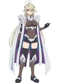 1girl absurdres anime_coloring antenna_hair arm_armor arm_at_side armor armor_request black_gloves black_shoes black_thighhighs blonde_hair breasts buttons cape closed_mouth clothing_request commentary curtained_hair double-breasted elbow_gloves english_commentary expressionless flipped_hair gloves hair_between_eyes hair_ornament_request hand_up highres kizoku_tensei:_megumareta_umare_kara_saikyou_no_chikara_wo_eru knee_armor large_breasts loafers long_hair looking_at_viewer mixed-language_commentary multilingual_commentary official_art red_eyes shirley_grantz shoes shoulder_armor sideboob sidelocks skindentation solo split_mouth standing tachi-e thighhighs transparent_background two-sided_cape two-sided_fabric very_long_hair white_cape zettai_ryouiki