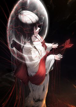 1girl absurdres black_background black_hair blunt_bangs bug butterfly closed_mouth co_duck commentary_request e.g.o_(project_moon) from_above highres insect japanese_clothes kimono limbus_company long_hair project_moon red_butterfly red_sash ryoshu_(project_moon) sash solo standing string string_of_fate veil very_long_hair white_kimono white_veil