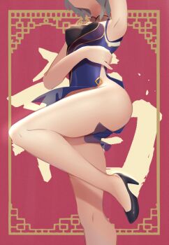 1girl alternate_costume armpits bad_id bad_pixiv_id bare_shoulders black_shoes breasts china_dress chinese_clothes dress faceless fu_hua fu_hua_(blue_swallow) fu_hua_(valkyrie_accipiter) grey_hair hane_(15188414) high_heels highres honkai_(series) honkai_impact_3rd leg_focus legs long_hair low-tied_long_hair low_ponytail no_panties ponytail shoes small_breasts solo thighs