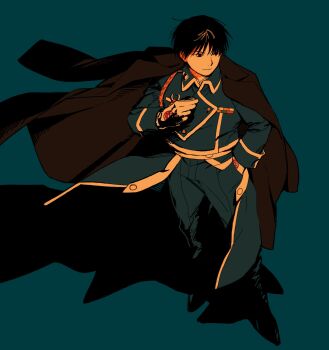 Rule 34 | 1boy, black coat, black hair, blue background, blue jacket, blue pants, closed mouth, coat, coat on shoulders, from above, fullmetal alchemist, gloves, hair between eyes, hand in pocket, hand on own chest, highres, jacket, light smile, ls182 520, male focus, pants, roy mustang, short hair, solo, white gloves, white trim